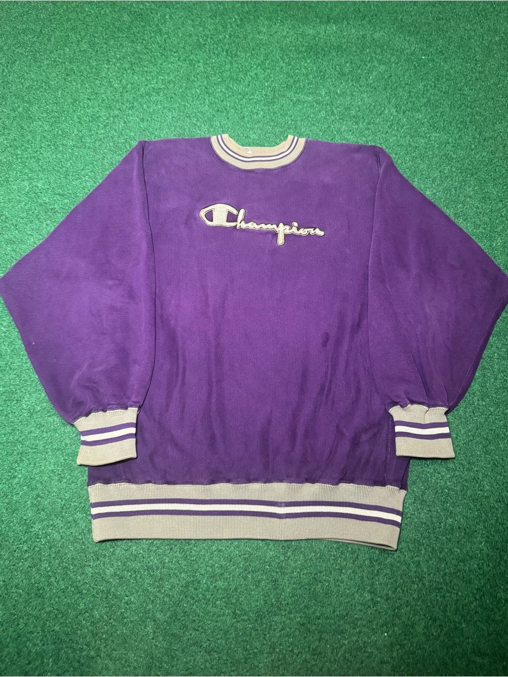 Vintage 80s 90s Champion Purple Reverse Weave Crewneck Sweatshirt, Striped (XL)